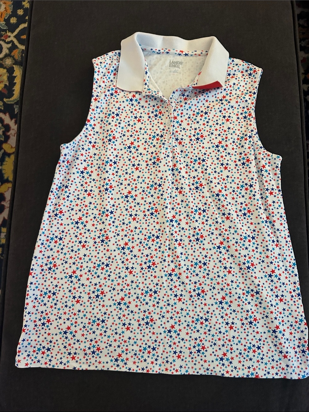 Lands' End White Sleeveless Polo with Red & Blue Star Pattern